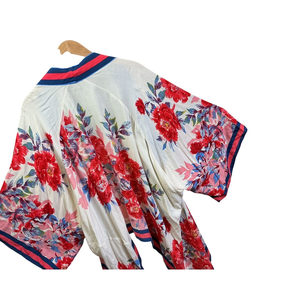 Flying Tomato Womens Floral Kimono Wrap Red Blue Striped Trim Rayon S/M - Picture 12 of 12